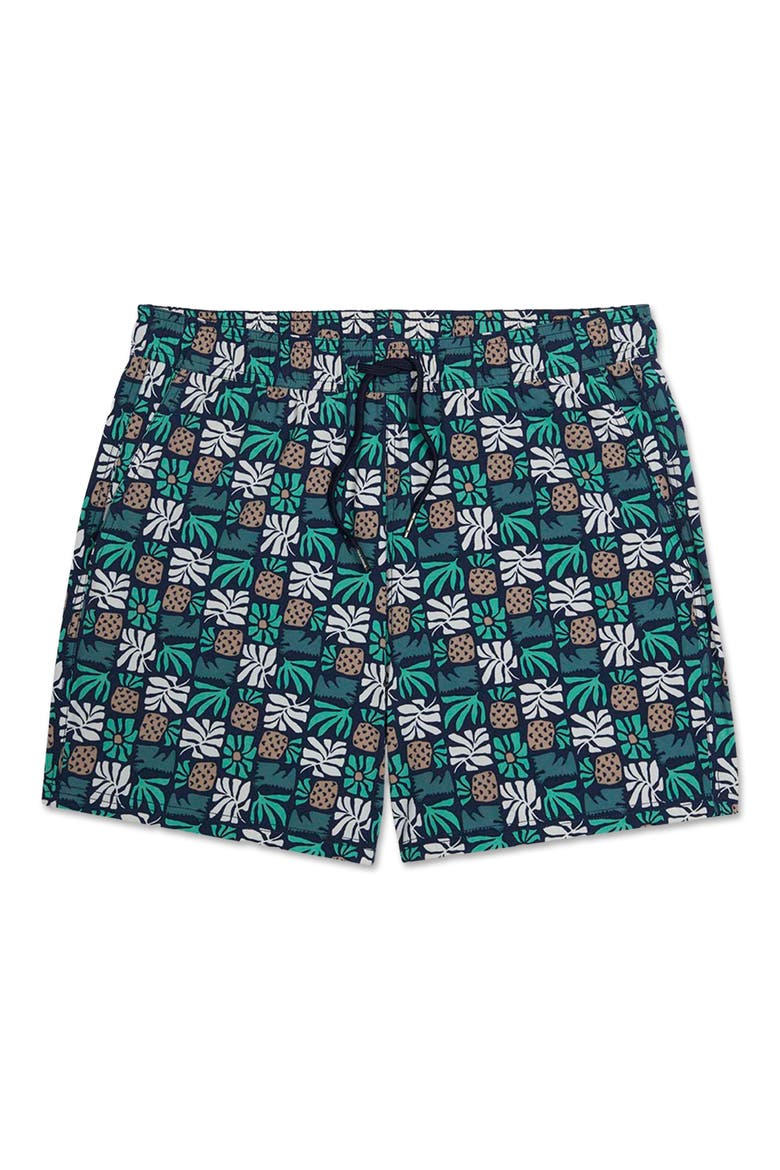 Bungalow Pineapple Print Water Repellent Swim Trunks, Alternate, color, NAVY PALM TILES