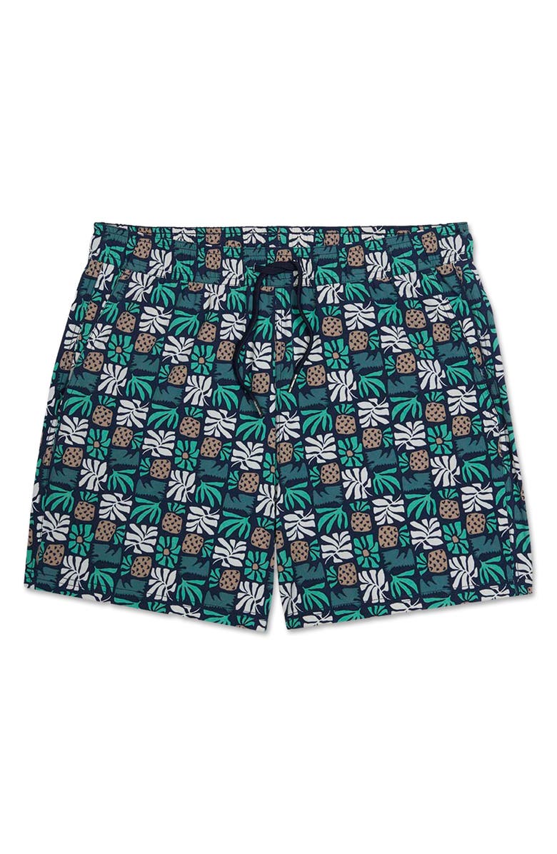 Fair Harbor Bungalow Pineapple Print Water Repellent Swim Trunks, Alternate, color, Navy Palm Tiles