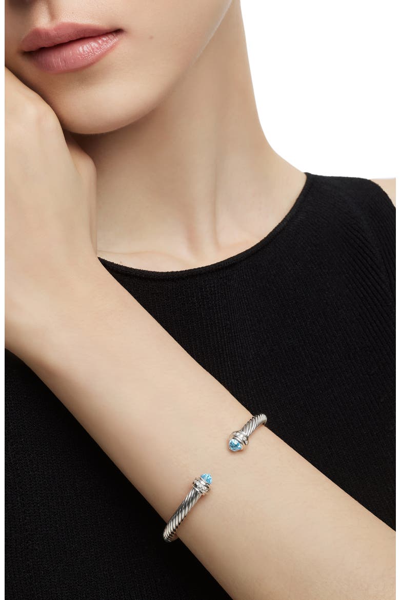 Classic Cable Bracelet in Sterling Silver with Semiprecious Stones & Diamonds, 5mm, Alternate, color, BLUE TOPAZ