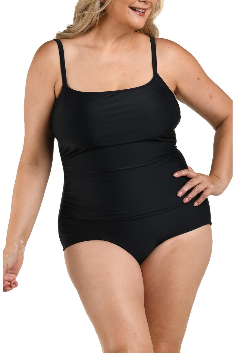 Ruched Girl Leg One-Piece Swimsuit, Main, color, BLACK