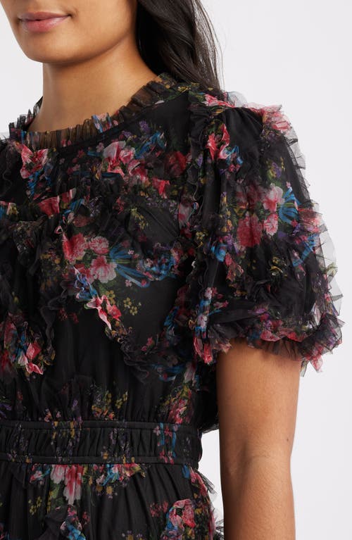 Zoe And Claire Floral Print Ruffle Mesh Maxi Dress In Black