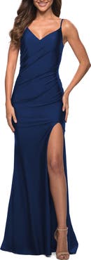 La Femme Diagonal Ruched Jersey Gown with V Neckline