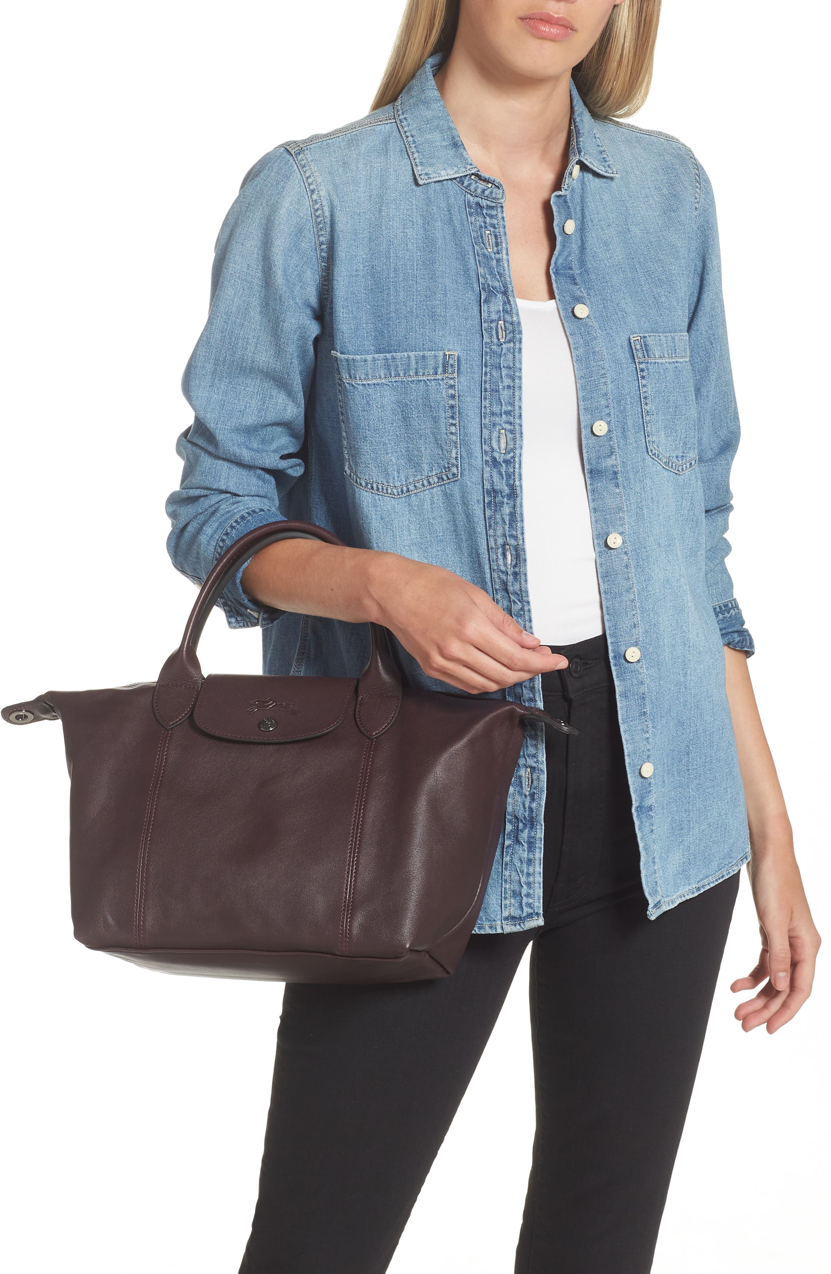 Longchamp Small Le Pliage Cuir Leather Top Handle Bag, Alternate, color, 