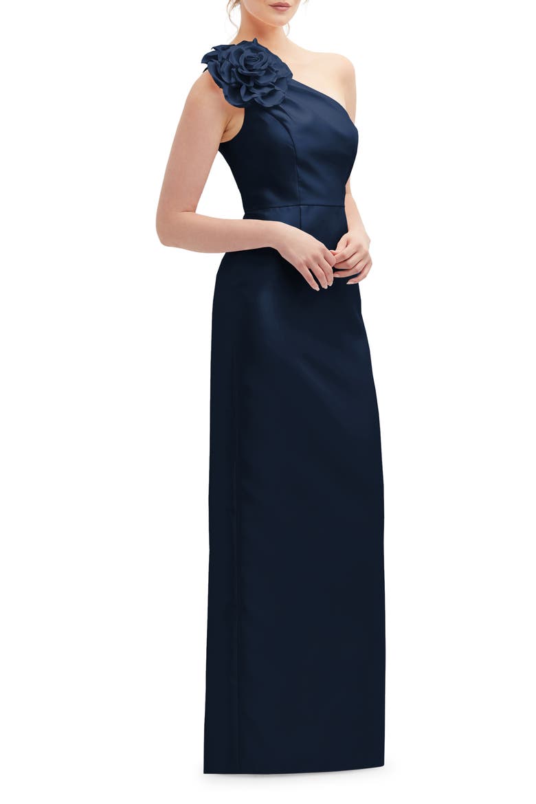 Flower One-Shoulder Column Gown, Alternate, color, MIDNIGHT