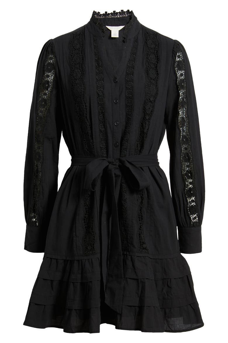 Lace Panel Long Sleeve Minidress, Alternate, color, BLACK
