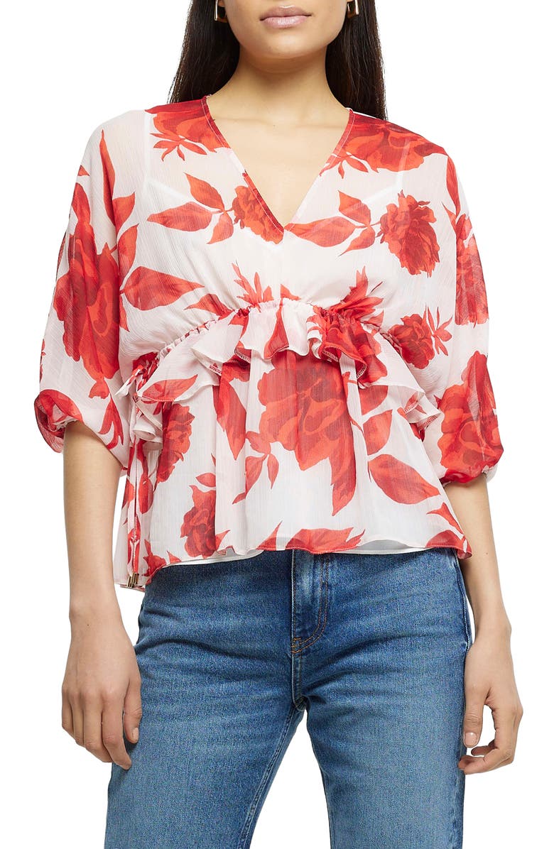 River Island Floral Ruffle Drawstring Waist Peplum Blouse, Main, color,