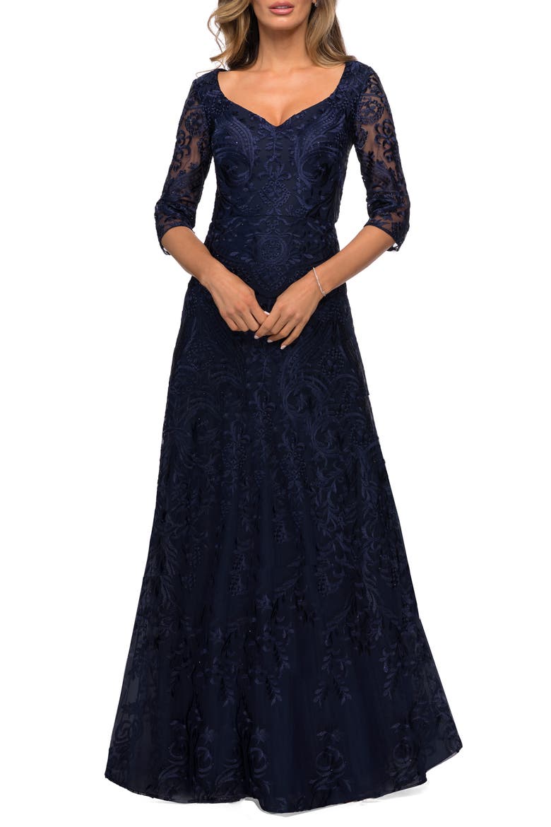 Embroidered Floral A-Line Gown, Main, color, NAVY