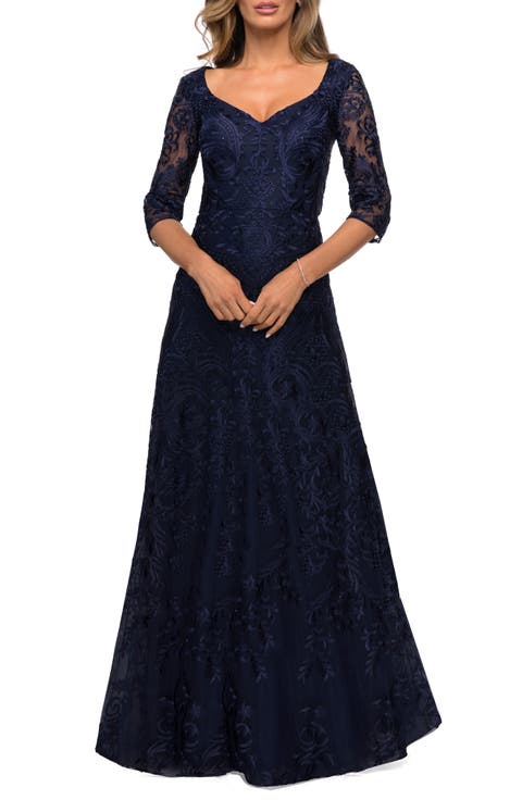 Embroidered Floral A-Line Gown