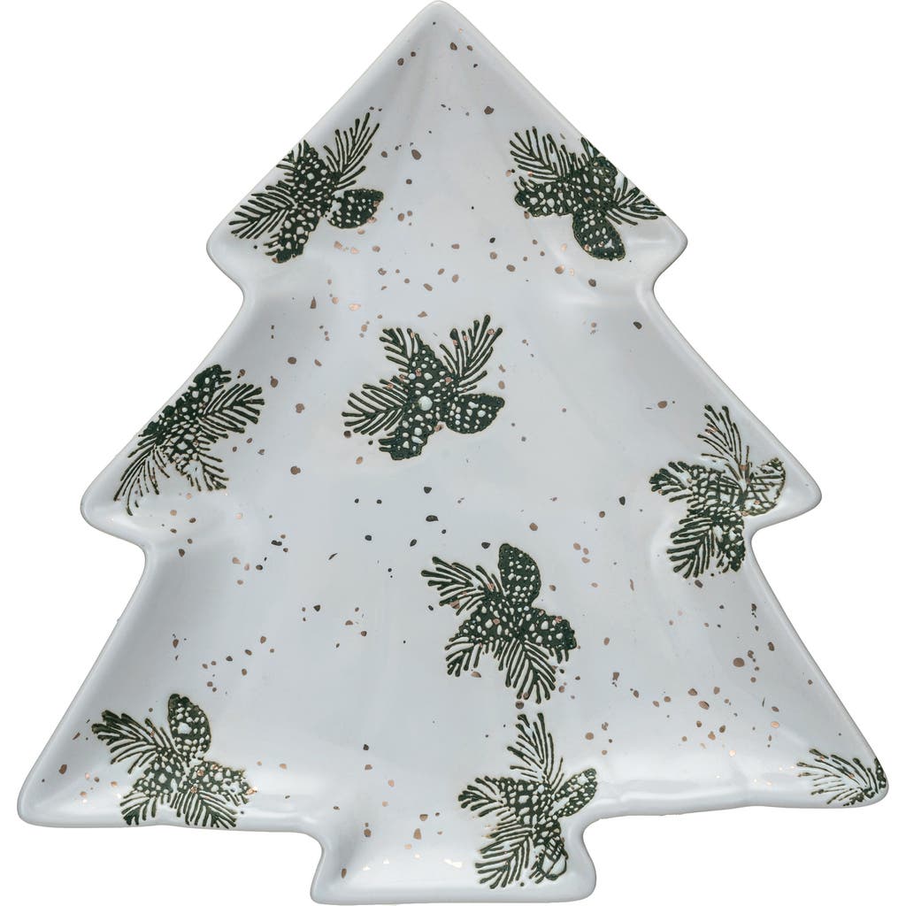 Storied Home Stoneware Tree Shaped Plate With Wax Relief Pinecones, Pine Boughs And Gold Electroplat In White