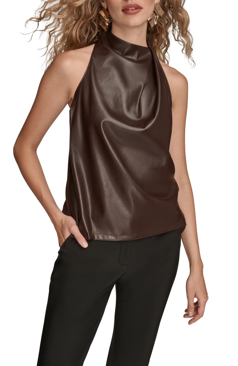 Donna Karan New York Sleeveless Faux Leather & Knit Mixed Media Top, Main, color, Chocolate Plum