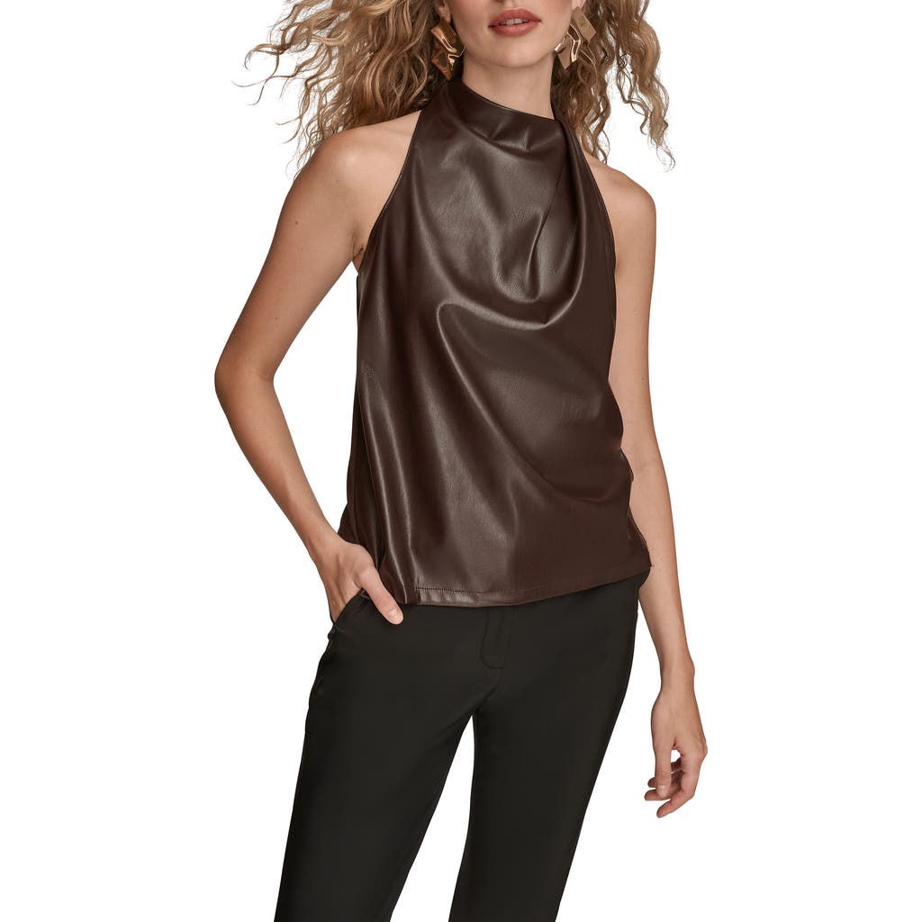Donna Karan New York Sleeveless Faux Leather & Knit Mixed Media Top In Brown