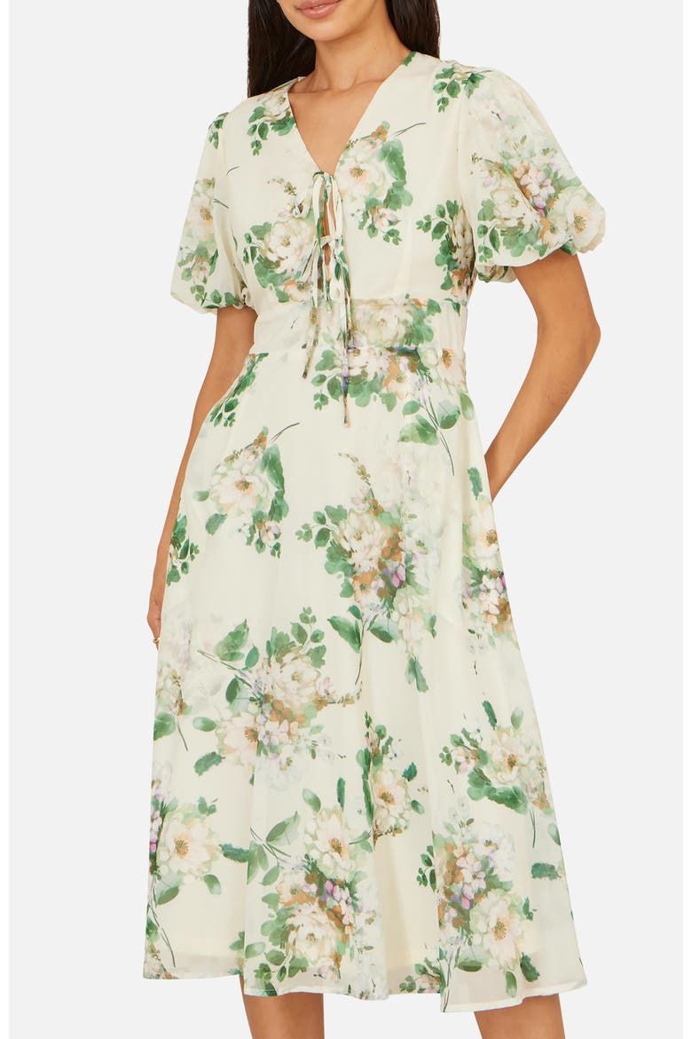 Floral Front Tie Detail Tea Dress, Alternate, color, Ivory