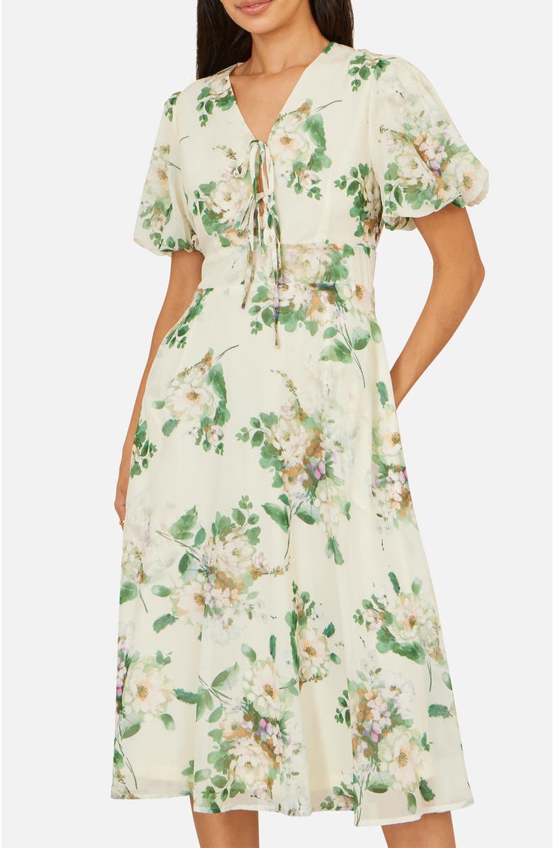 Yumi Floral Front Tie Detail Tea Dress, Alternate, color, Ivory