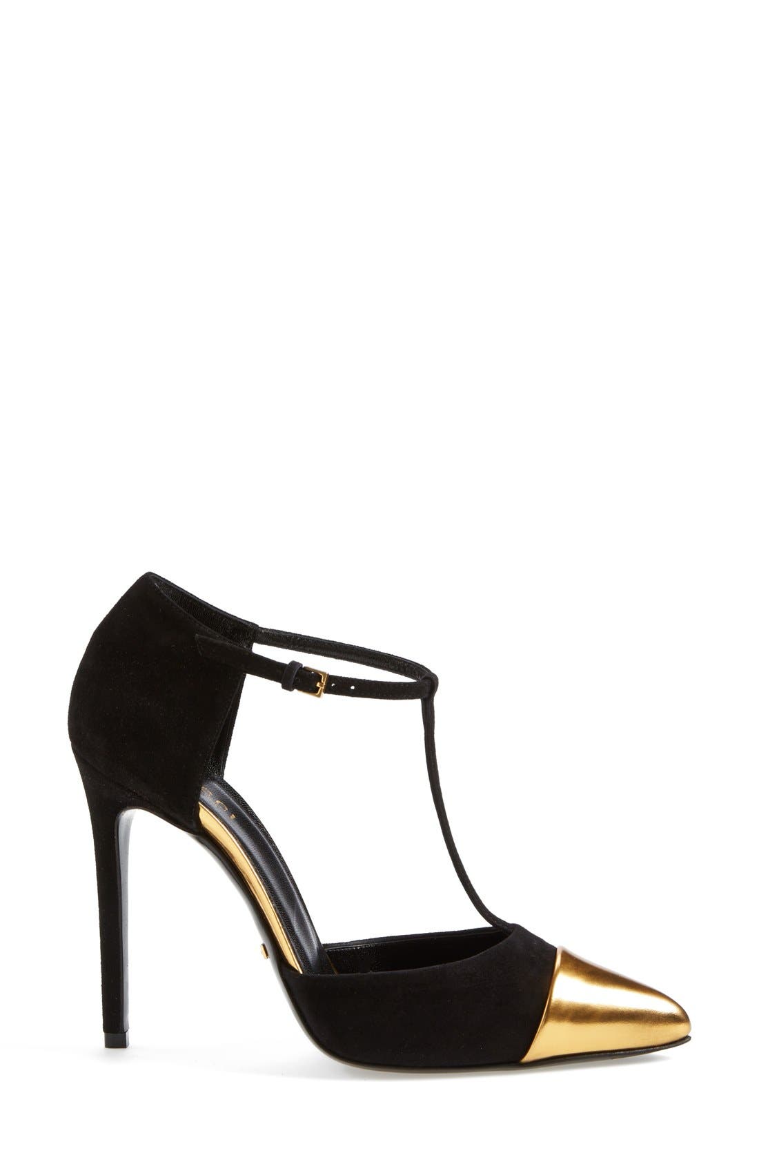 'Coline' T-Strap Cap Toe Pump, Alternate, color, BLACK