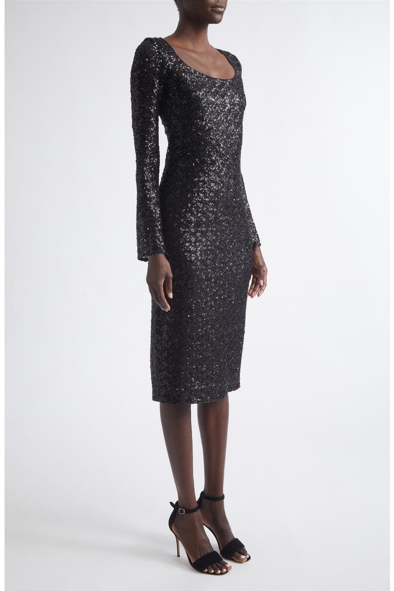 Long Sleeve Sequin Tulle Sheath Dress, Alternate, color, BLACK