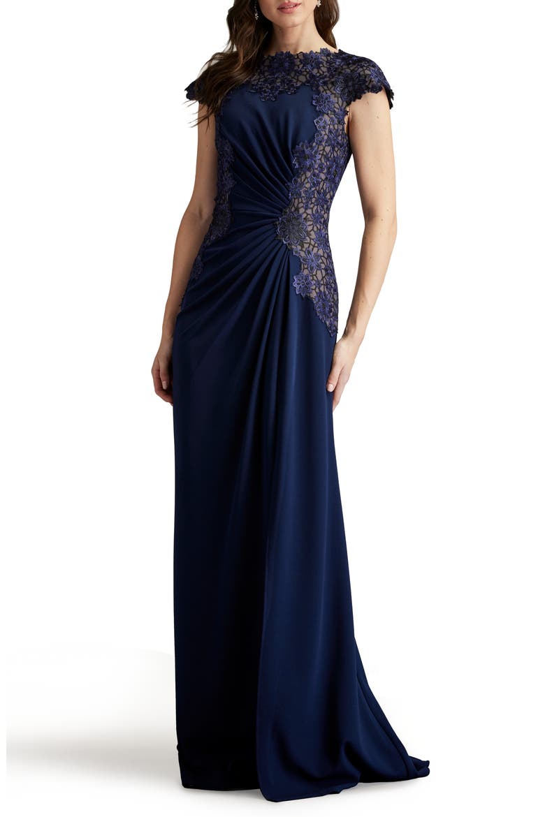 Embroidered Side Ruched Cap Sleeve Gown, Alternate, color, MIDNIGHT
