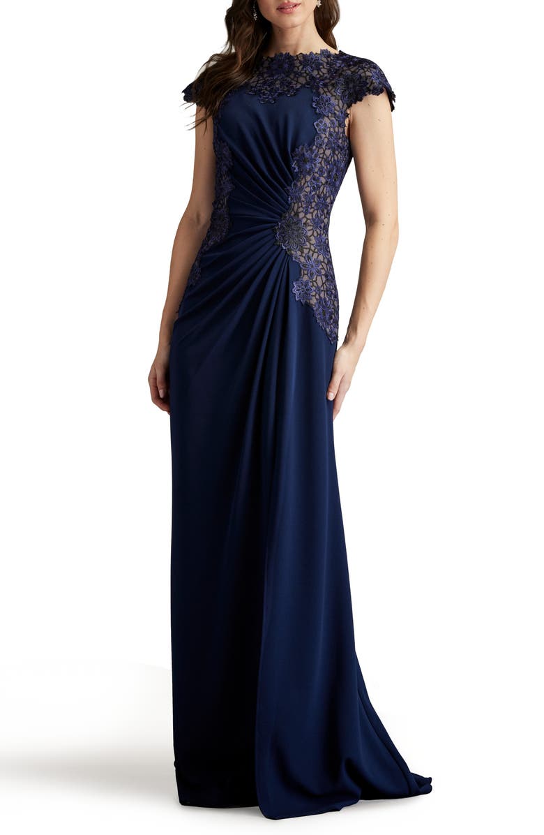 Tadashi Shoji Embroidered Side Ruched Cap Sleeve Gown, Alternate, color, Midnight