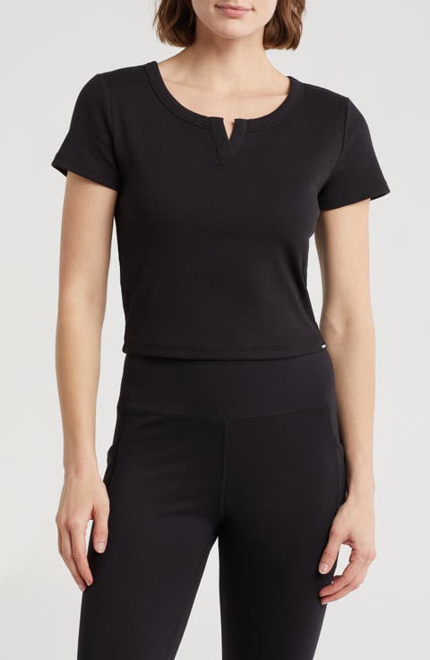 Split Neck Rib Knit T-Shirt