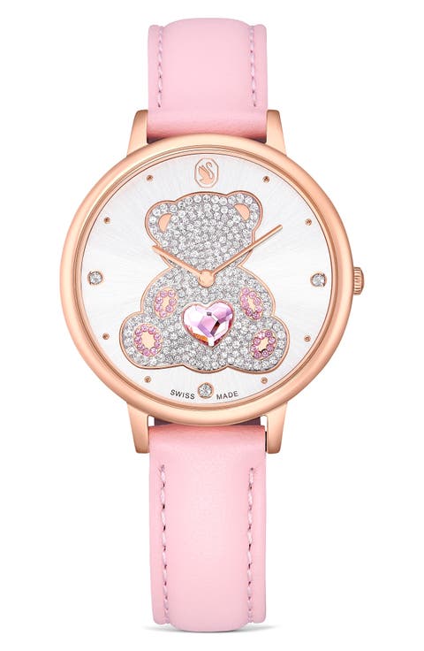 Crystal Teddy Leather Strap Watch, 35mm