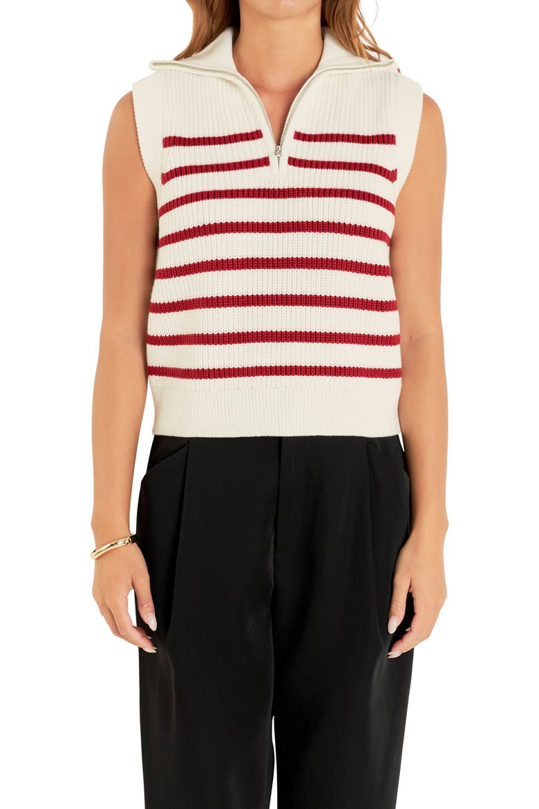 Stripe Sleeveless Quarter Zip Sweater, Alternate, color, WHITE/ BURGUNDY
