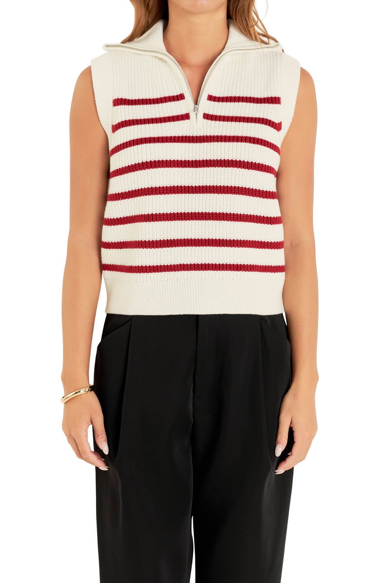 English Factory Stripe Sleeveless Quarter Zip Sweater, Alternate, color, White/ Burgundy