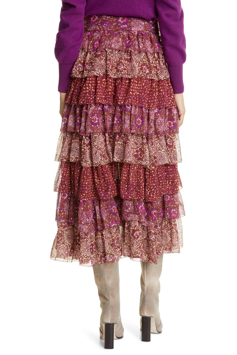 Fayanna Metallic Tiered Silk Skirt, Alternate, color, CLARET PATCHWORK