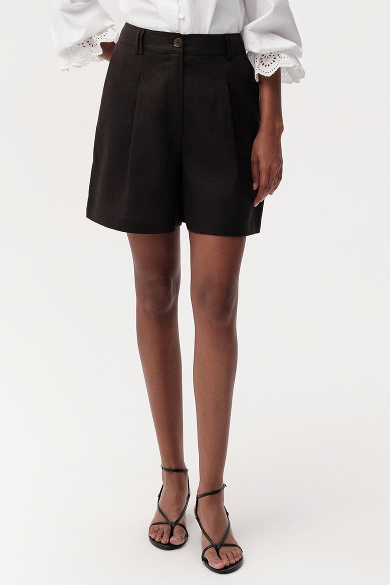 Donovan High Waist Pleated Linen Shorts, Alternate, color, Black