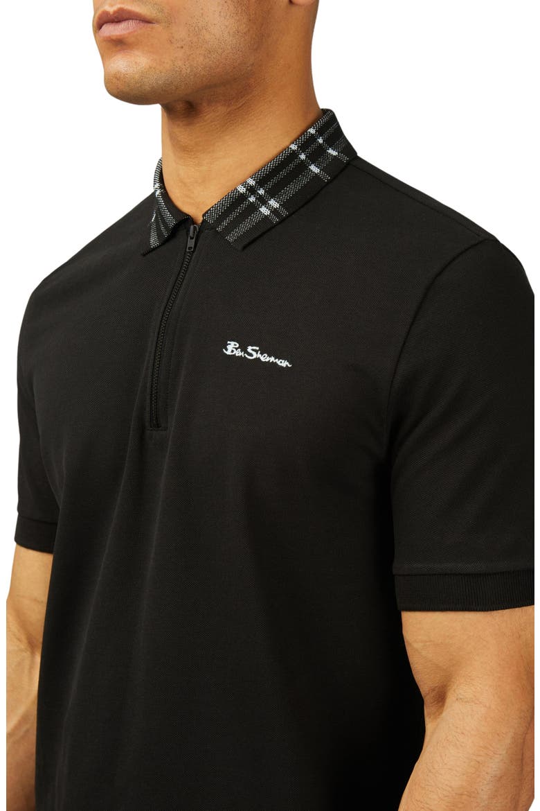 Plaid Collar Organic Cotton Piqué Zip Polo, Alternate, color, BLACK
