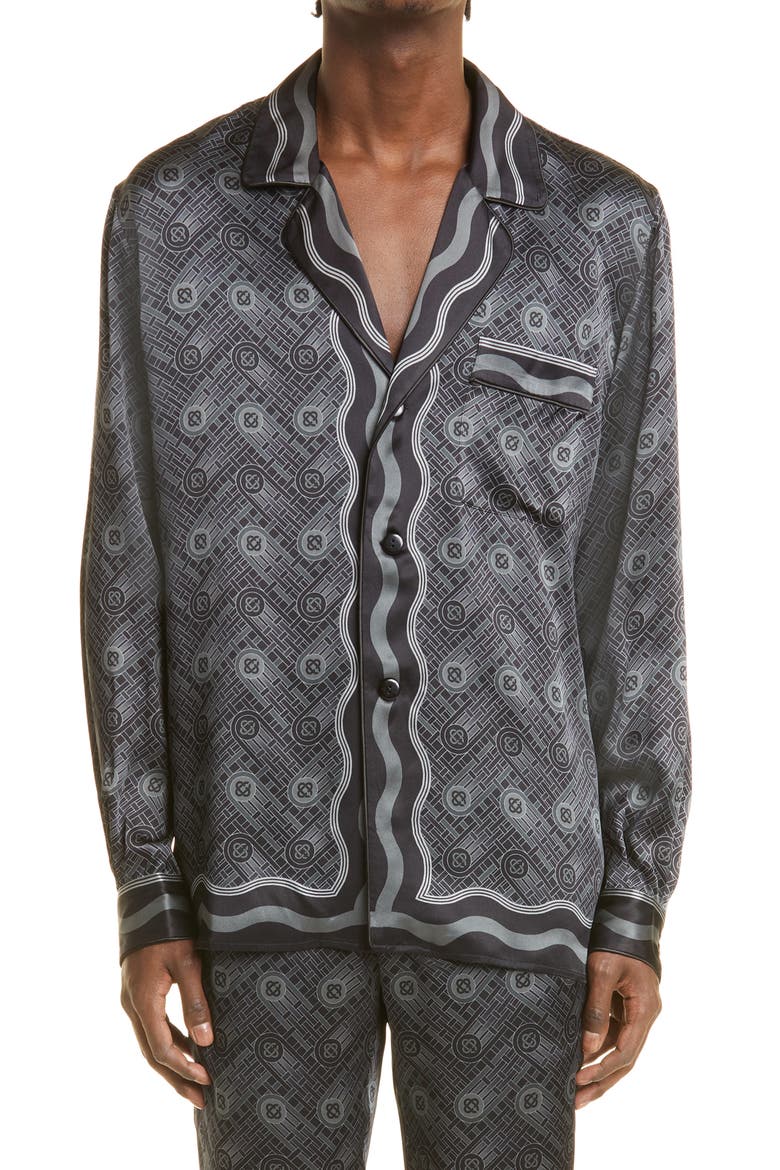 Men's Ping Pong Print Silk Button-Up Pajama Shirt, Main, color, BLACK PING PONG MONOGRAM