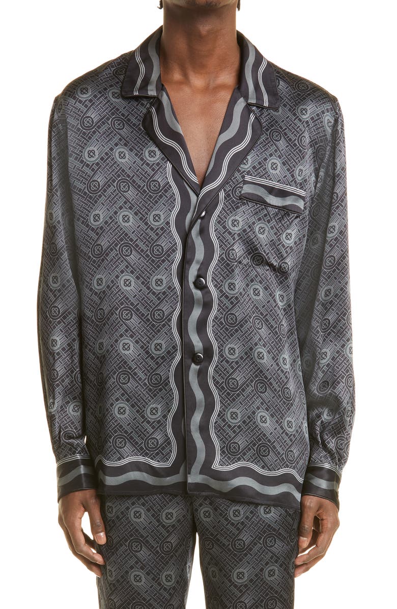 Casablanca Men's Ping Pong Print Silk Button-Up Pajama Shirt, Main, color, 
