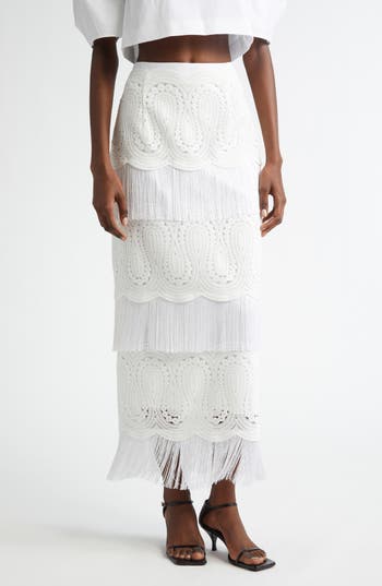 Lela Rose Crochet Lace & Fringe Pencil Skirt In White