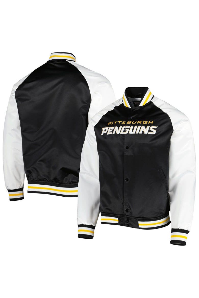 Men's Mitchell & Ness Black/White Pittsburgh Penguins Primetime Raglan Satin Full-Snap Jacket, Main, color, Black