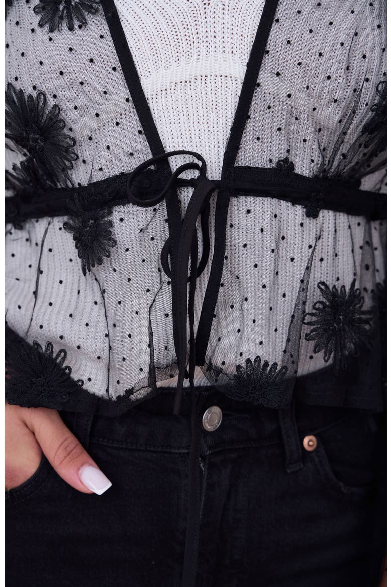 Sheer Floral Mesh Bell Sleeve Tie Front Top, Alternate, color, BLACK