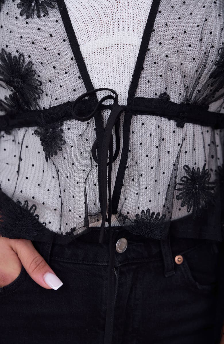 SAACHI Sheer Floral Mesh Bell Sleeve Tie Front Top, Alternate, color, Black