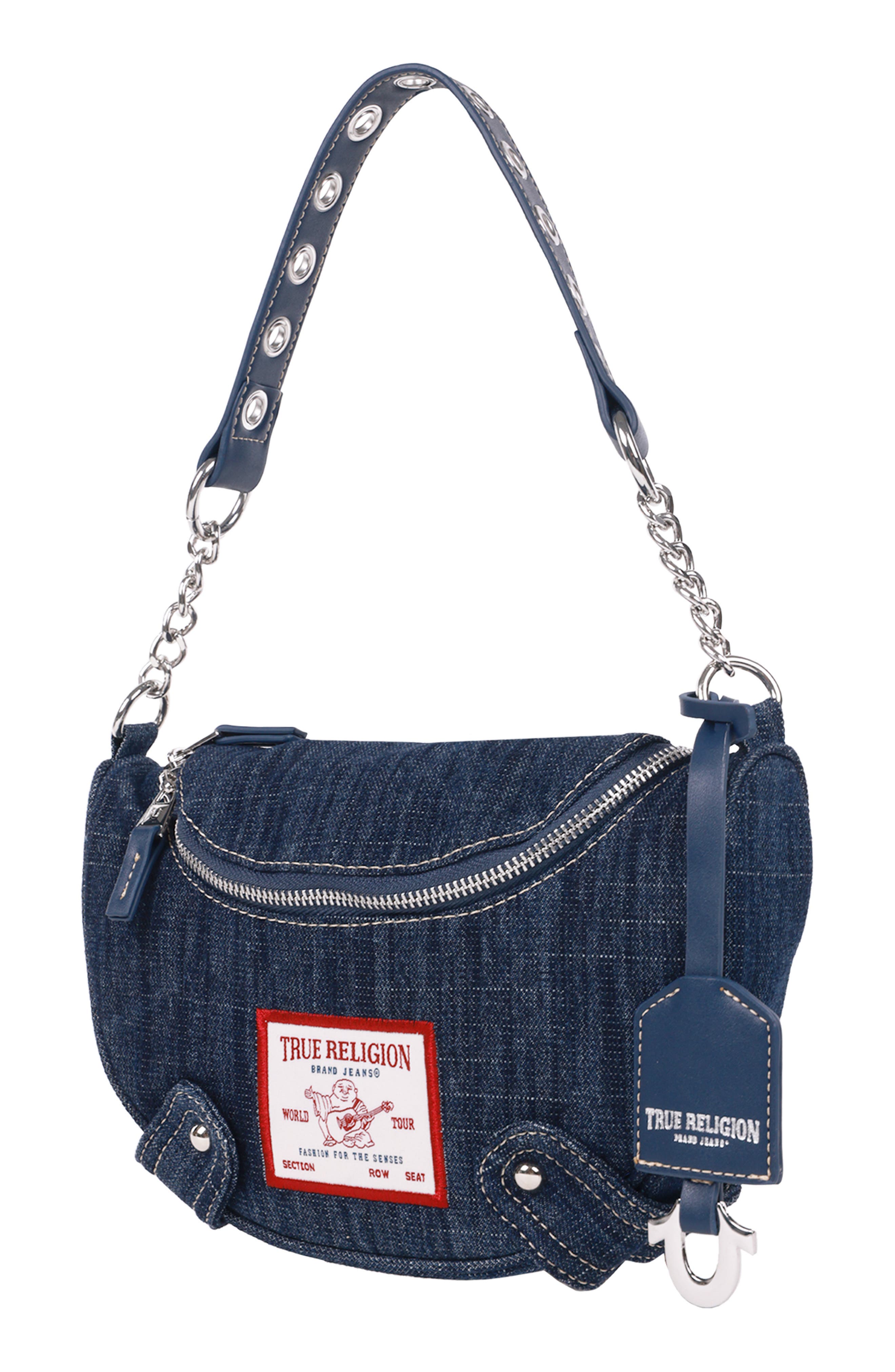 True Religion Studded Denim Shoulder Bag, Alternate, color, Light Blue