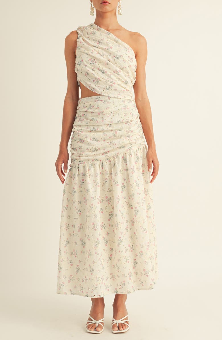 Arose Studio Soleil Eyelet Cutout One-Shoulder Maxi Dress, Main, color, Cream Multi