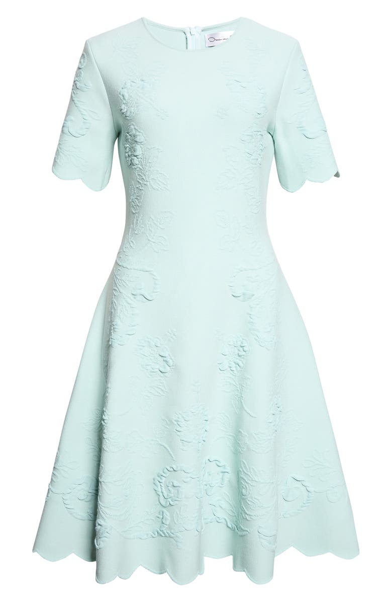 Oscar de la Renta Hibiscus Jacquard Knit Fit & Flare Dress, Main, color, Saltwater