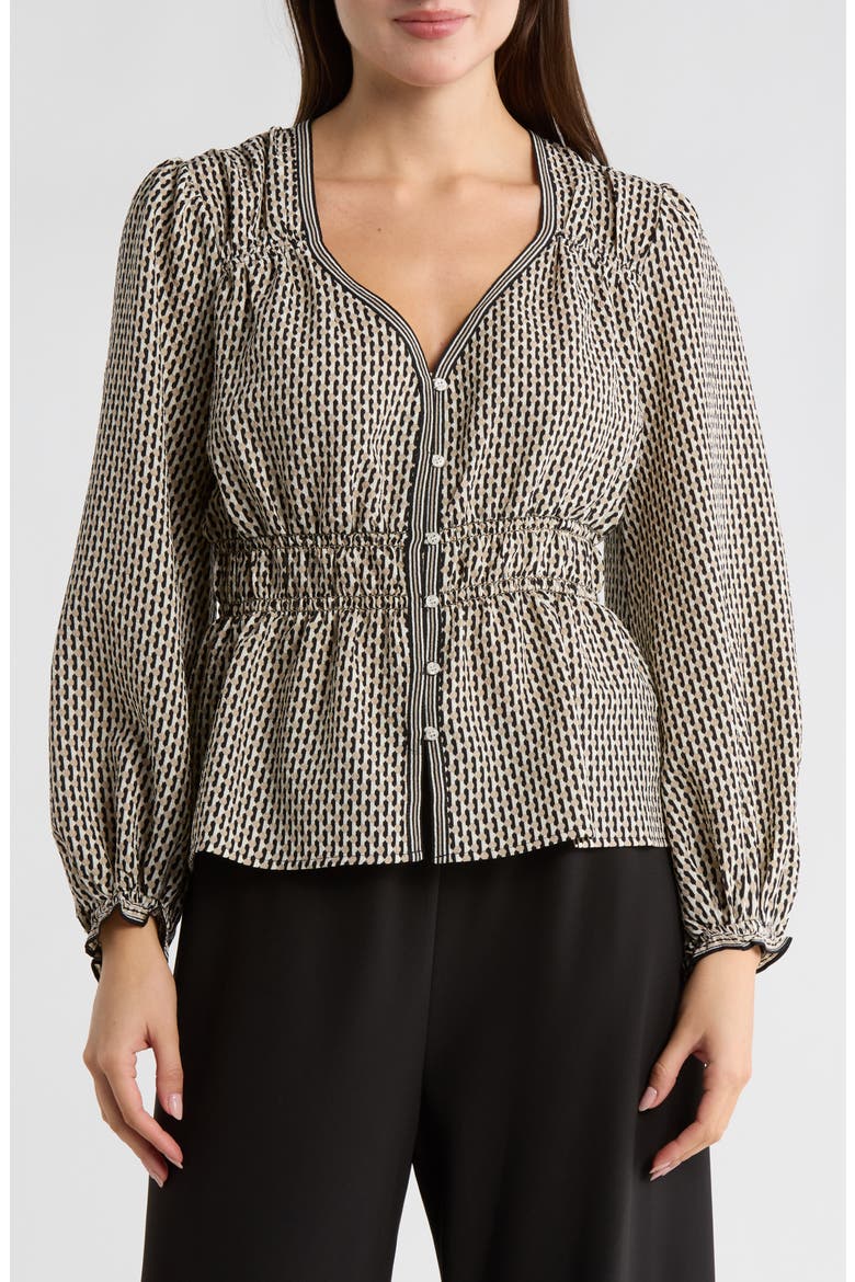 Balloon Sleeve Button-Up Peplum Top, Main, color, BLACK/ KHAKI DOTTED