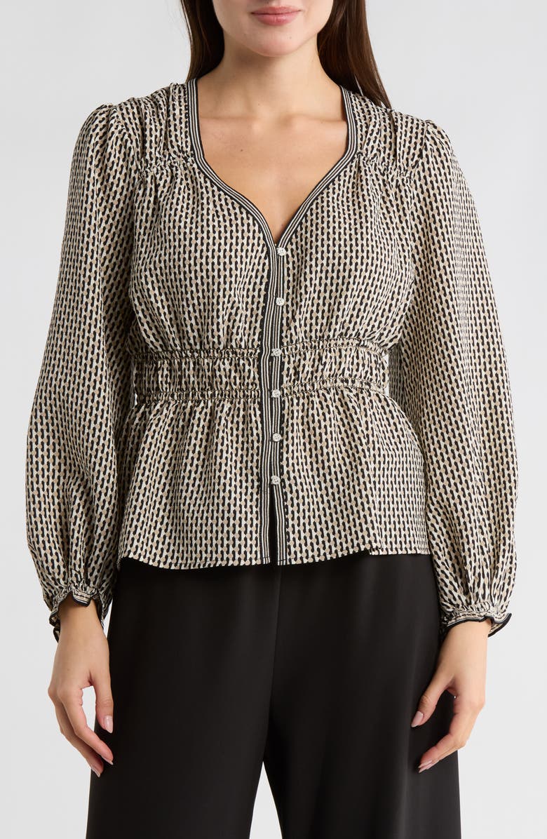MAX STUDIO Balloon Sleeve Button-Up Peplum Top, Main, color, Black/ Khaki Dotted