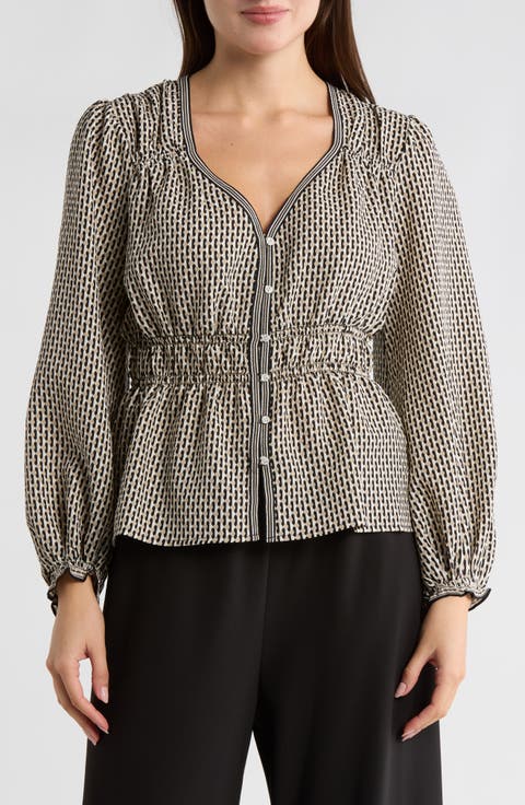 Balloon Sleeve Button-Up Peplum Top