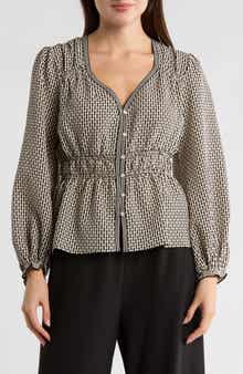 MAX STUDIO Balloon Sleeve Button-Up Peplum Top
