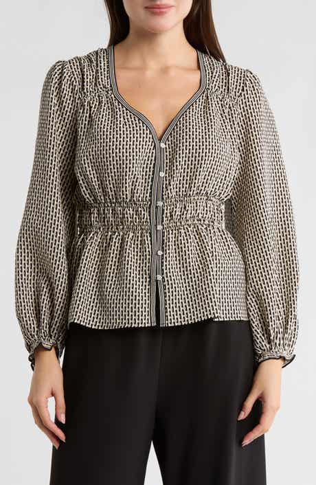 MAX STUDIO Balloon Sleeve Button-Up Peplum Top