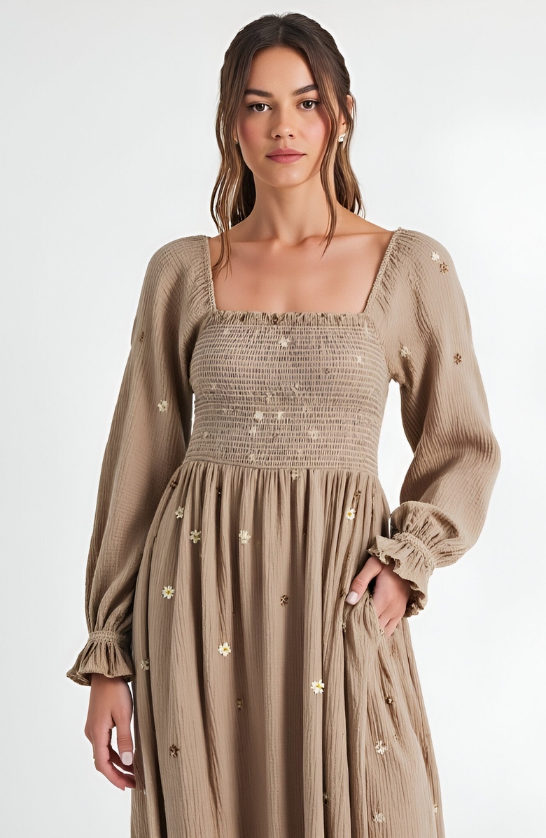 Modenaire Floral-Embroidered Smocked Tiered Open-Back Maxi Dress, Alternate, color,