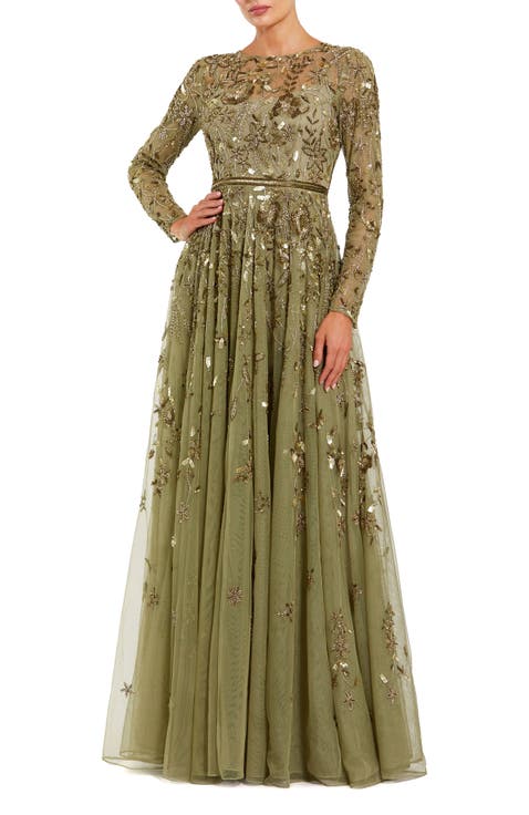Long Sleeve Mesh Floral Embellished Gown