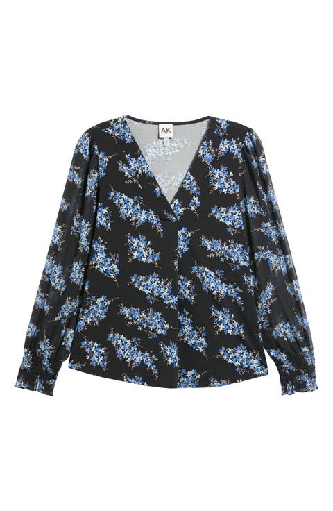 Smocked Cuff Long Sleeve V-Neck Top