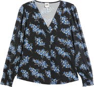 AK ANNE KLEIN Smocked Cuff Long Sleeve V-Neck Top