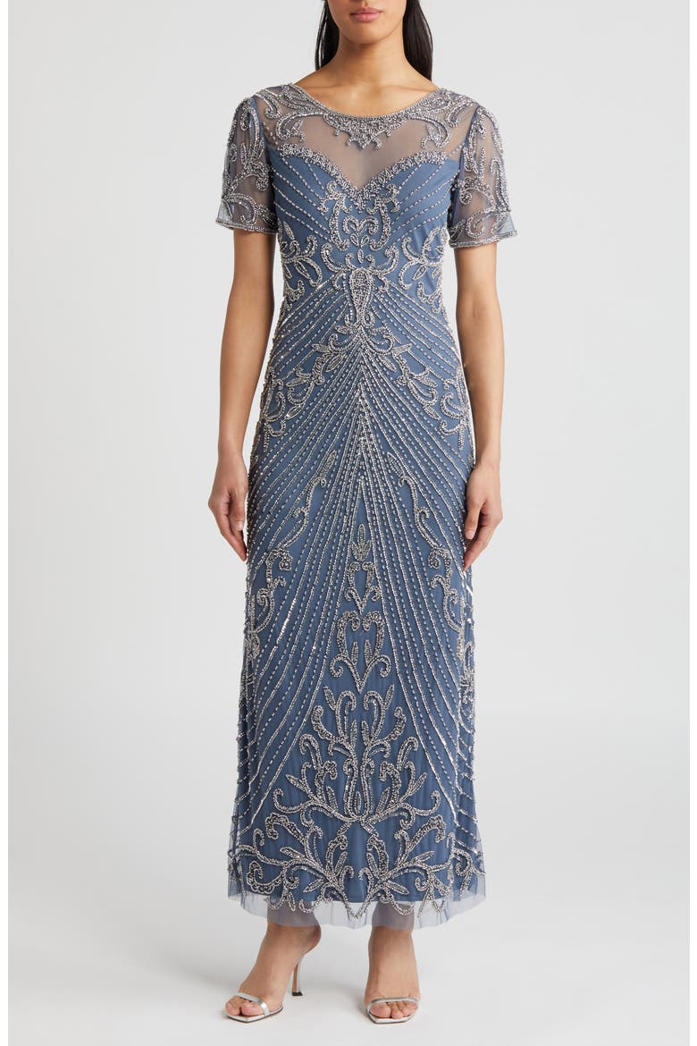 Illusion Beaded Mesh Column Gown, Main, color, GREY 020