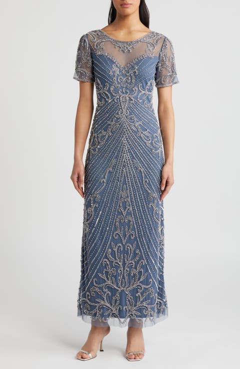 Illusion Beaded Mesh Column Gown