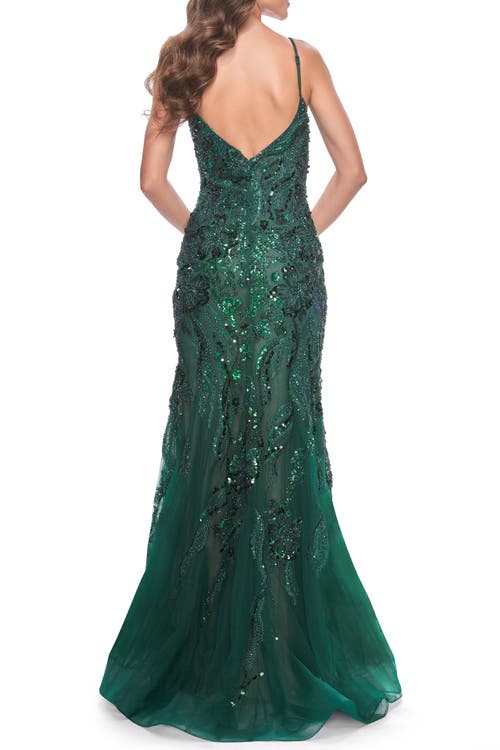 La Femme Mermaid Sequin And Beaded Embellished Prom Dress In Emerald