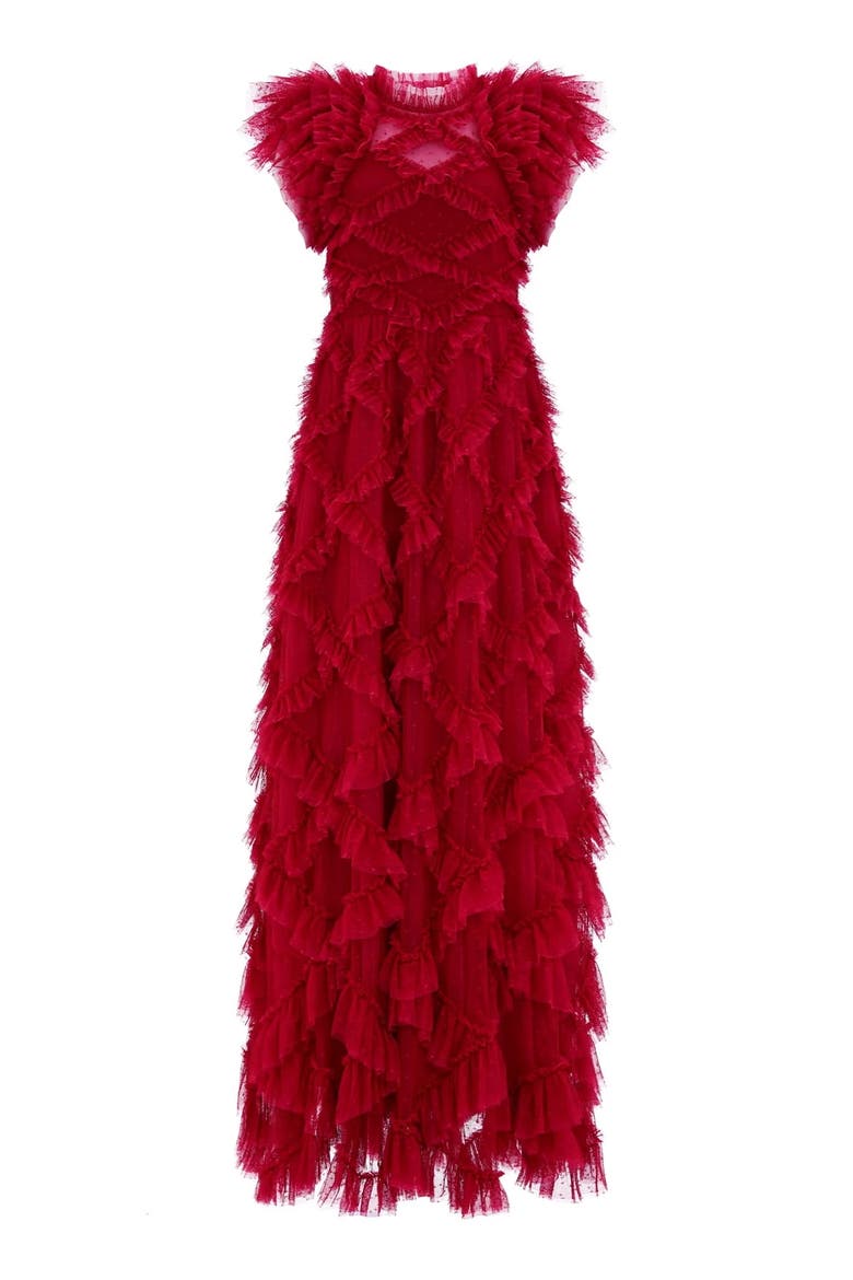 Genevieve Ruffle Short Sleeve Maxi Gown, Alternate, color, Deep Red/Fuchsia
